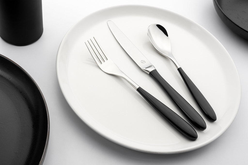 24 Piece Cutlery Set for 6 People Yin & Yang Black 24BX650BK Grunwerg Elegant Stainless steel cutlery set on dinner plate