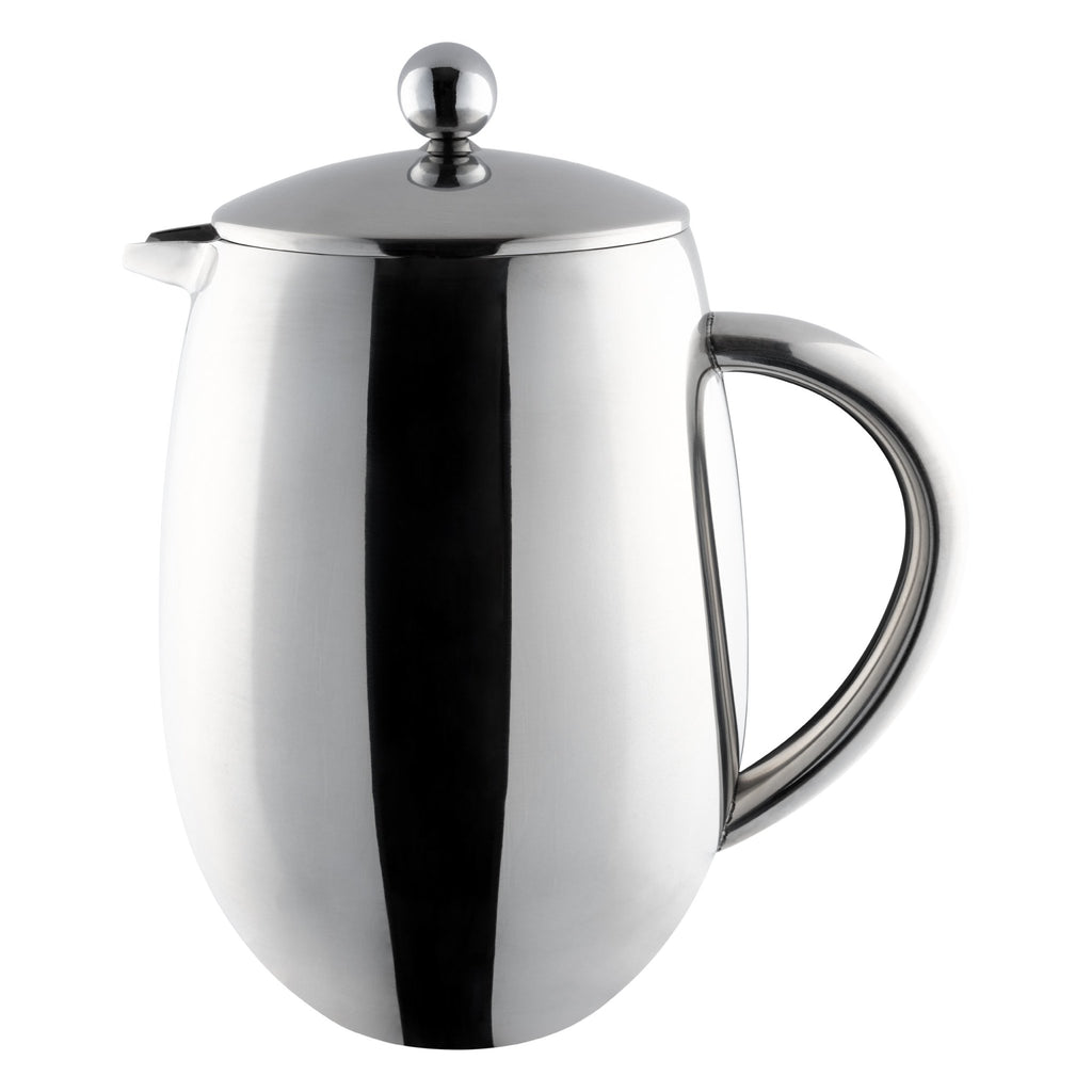 3 Cup Bellied Cafetiere, Double Wall, Mirror Cafe Olé BFD-03 Grunwerg - Stainless steel coffee press on a white background