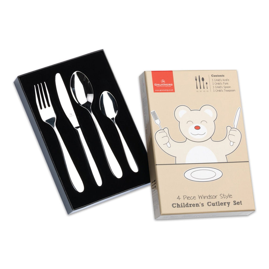 4 Piece Child's Boxed Cutlery Set Windsor 4BXCHDWSR Grunwerg children's Stainless steel cutlery set display box