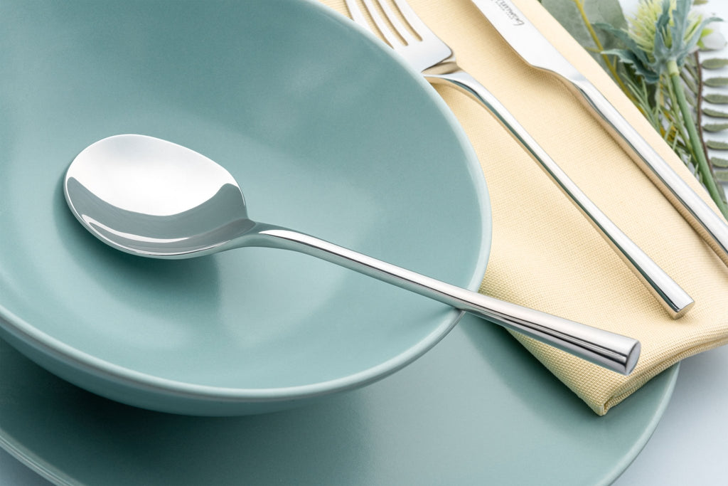 44 Piece Cutlery Set for 6 People Deco 44BXDEC-IGLC Grunwerg Elegant stainless steel cutlery - soup spoon in soup bowl