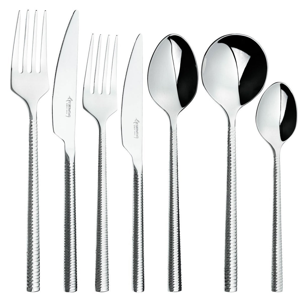 56 Piece Cutlery Set for 8 People Impression Grunwerg Luxury stainless steel cutlery set line up on a white background