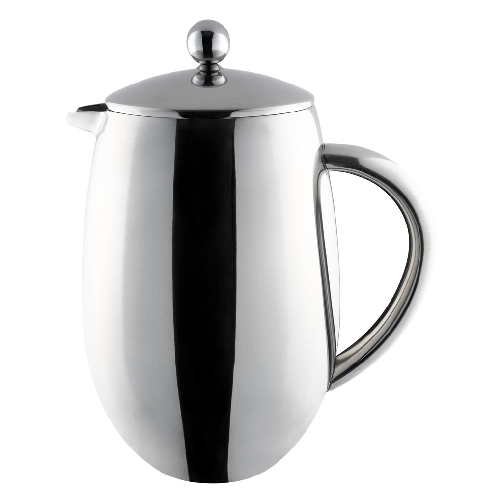 6 Cup Bellied Cafetiere, Double Wall, Mirror Cafe Olé BFD-06 Grunwerg Stainless Steel Coffee Press on a white background