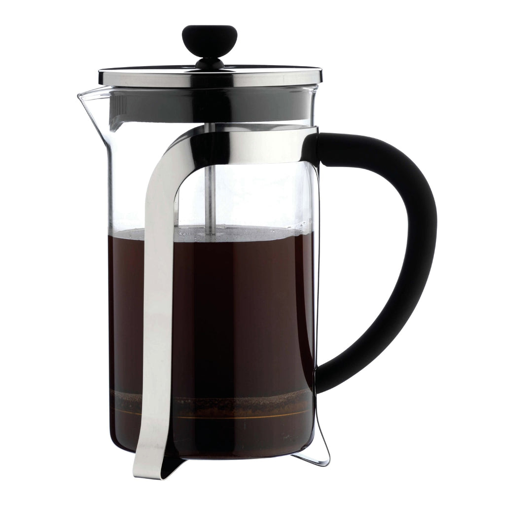 6 Cup Cafetiere, Chrome Finish Mode KM-08C Grunwerg - Modern Glass and stainless steel French press on a white background