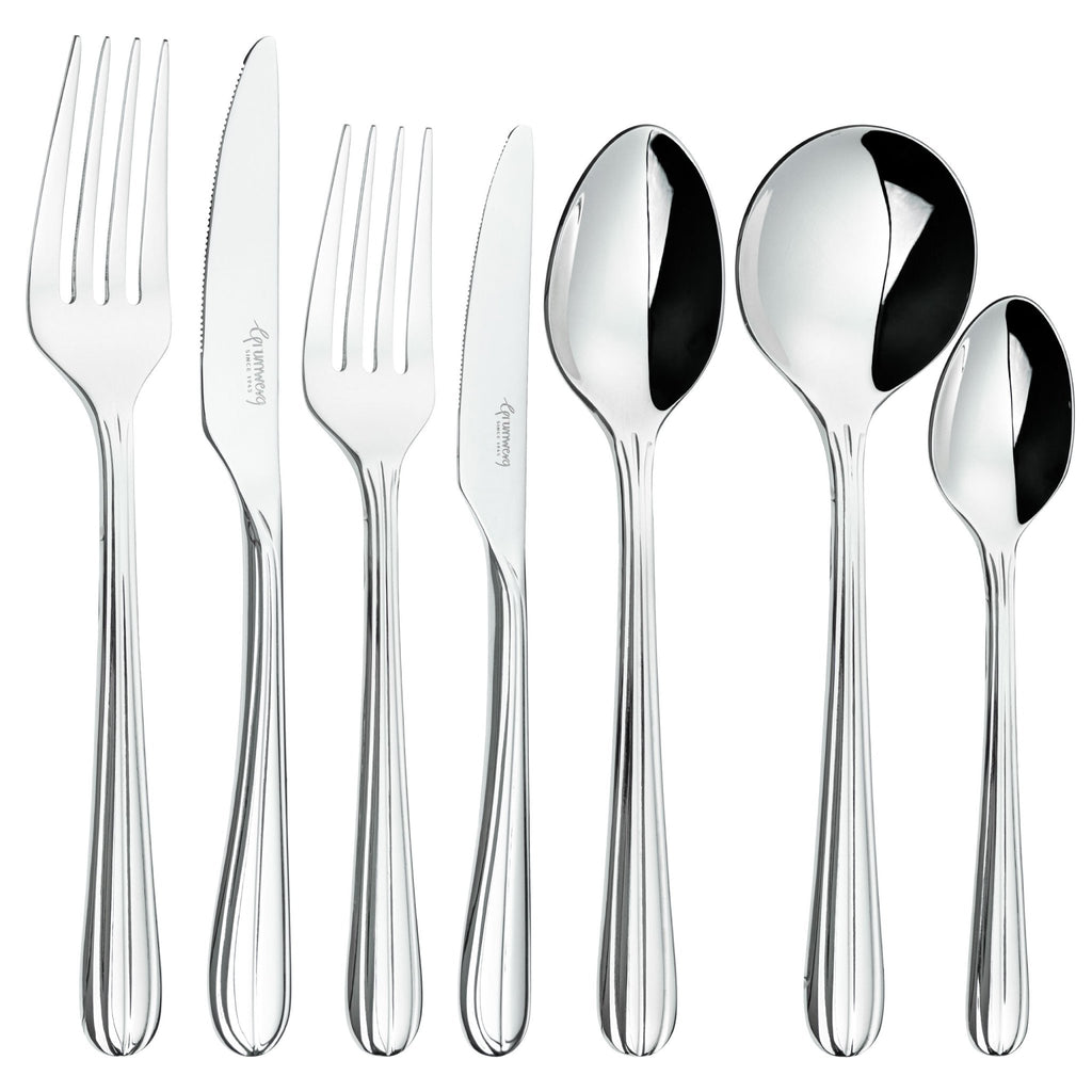 7 Piece Cutlery Set for 1 Person Luma 7BXLUM-IGLC Grunwerg Modern stainless steel cutlery set line-up on a white background