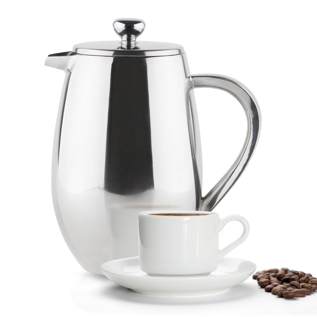 8 Cup Bellied Cafetiere, Double Wall, Mirror Cafe Olé BFD-08 Grunwerg