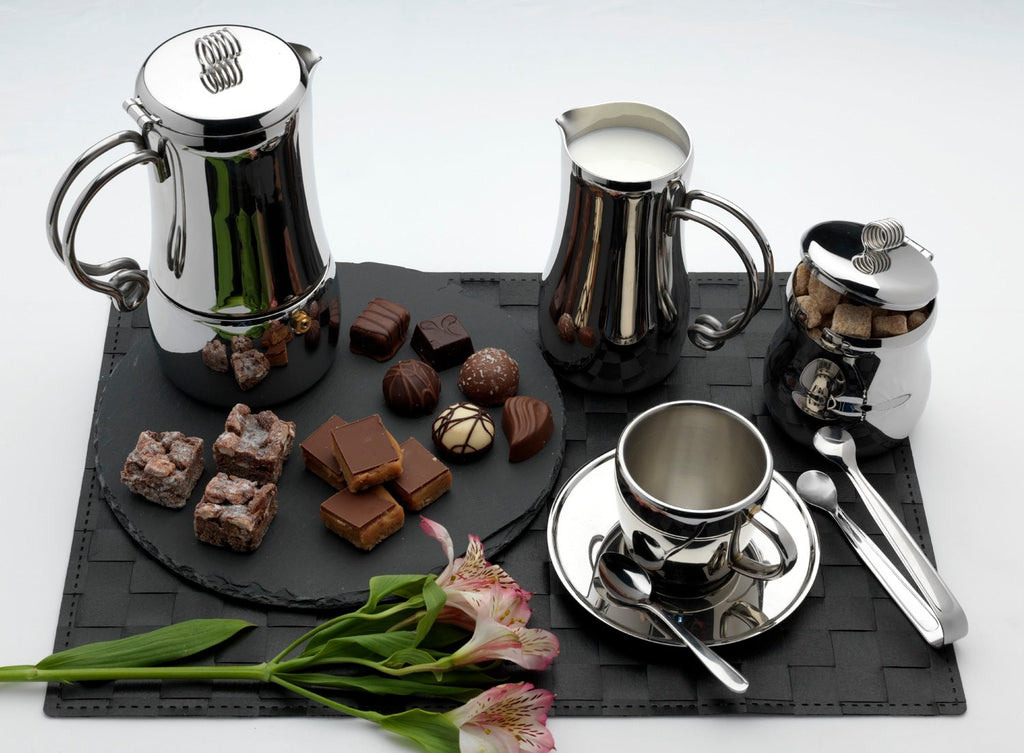 6 Cup Cafetiere, Mirror Finish Elements MCP-028 Grunwerg Modern stainless steel coffee press in a afternoon tea setting