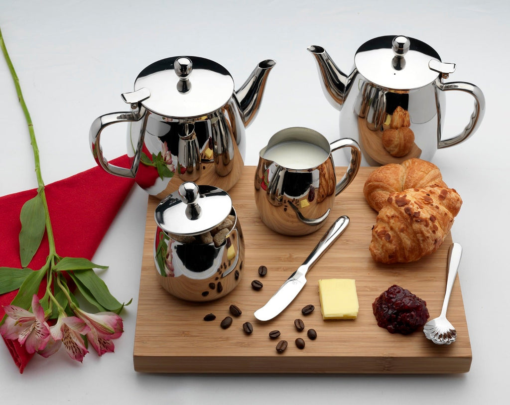 12 Cup Straight Sided Cafetiere, Mirror Finish Cafe Olé CFD-12 Grunwerg - Premium coffee press in an afternoon tea setting