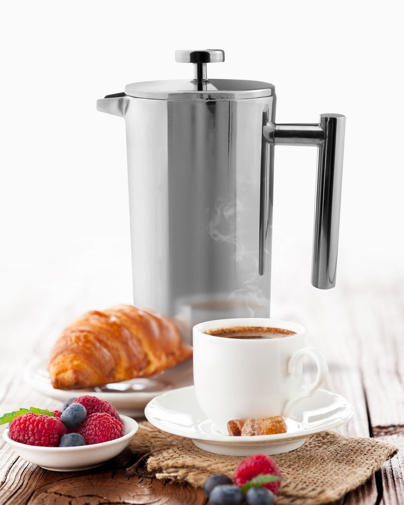 12 Cup Straight Sided Cafetiere, Mirror Finish Cafe Olé CFD-12 Grunwerg - Modern french press in a hotel breakfast setting
