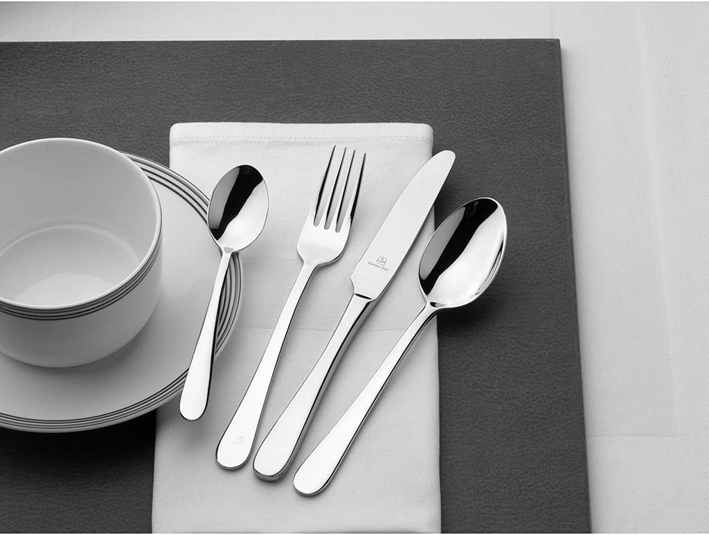 24 Piece Cutlery Set 6 People Windsor 24BXWSR-IGLC Grunwerg Stainless steel cutlery set in a hospitality hotel dining setting