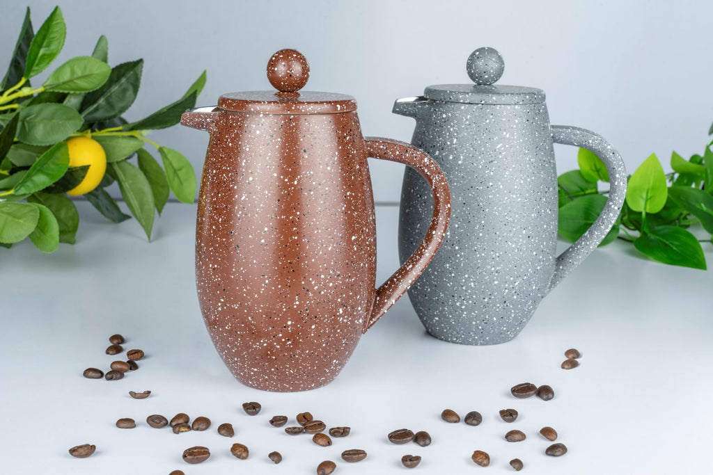 3 Cup Bellied Cafetiere, Red Granite Cafe Olé BFD-03RG Grunwerg Two granite effect cafetieres with coffee beans in a kitchen