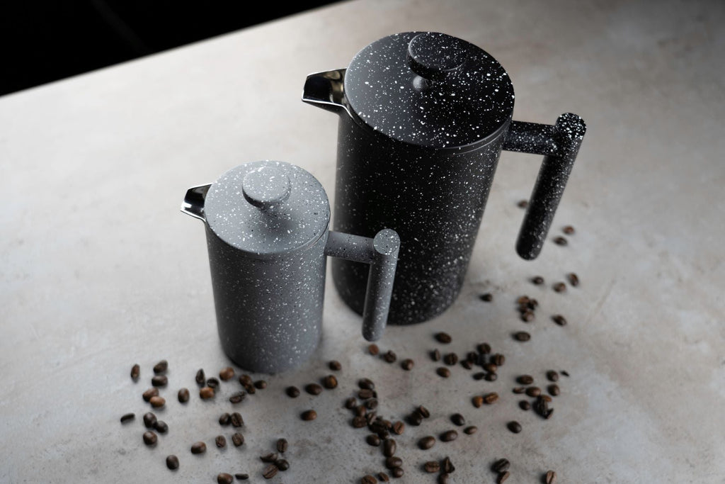 3 Cup Straight Sided Cafetiere, Black Granite Cafe Olé CFD-03BG Grunwerg Pair of Coffee Presses in a kitchen setting