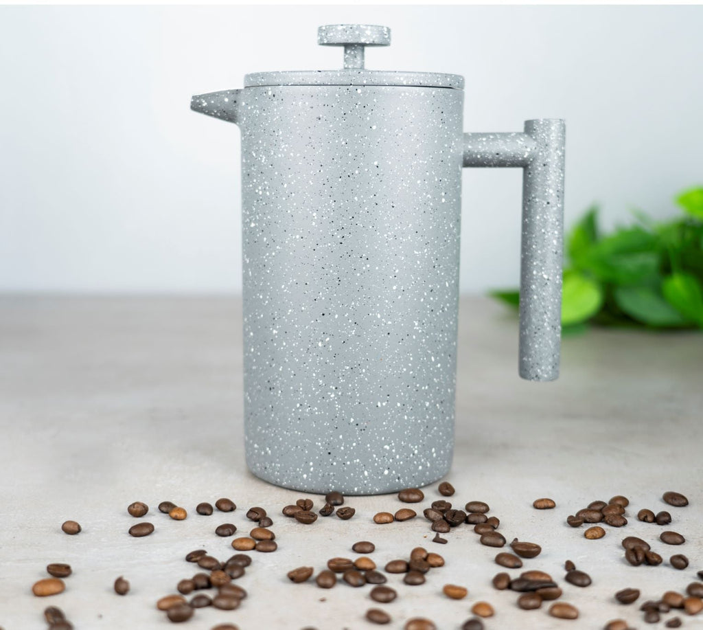 3 Cup Straight Sided Cafetiere Grey Granite Cafe Olé CFD-03GG Grunwerg Elegant French press with by coffee beans in a kitchen