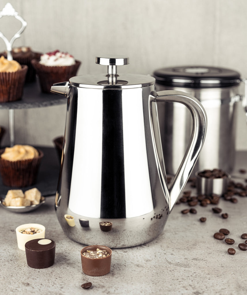 3 Cup Cafetiere, Double Wall, UFD Cafe Olé UFD-03M Grunwerg Modern Coffee press in an afternoon tea setting