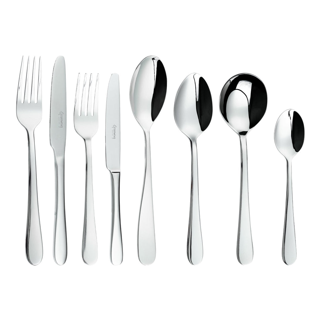 44 Piece Cutlery Set for 6 People Windsor 18/0 44BXWDR Grunwerg Stainless Steel cutlery set line up on a white background