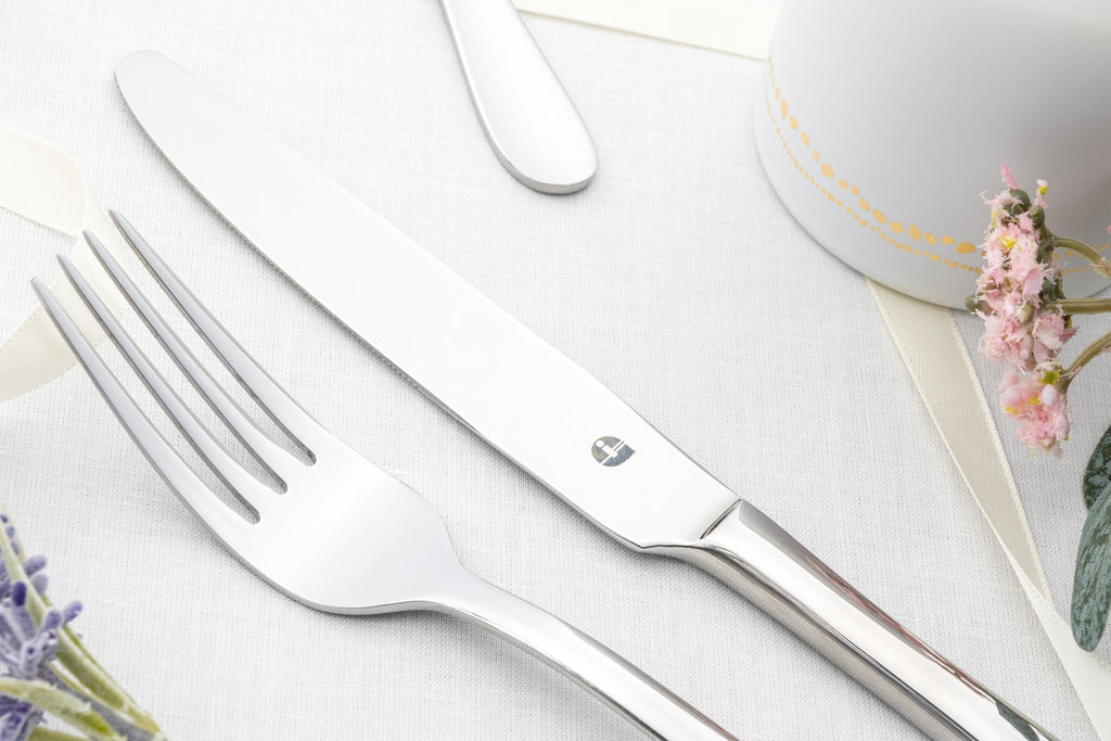 44 Piece Cutlery Set for 6 People Windsor 44BXWSR-IGLC Grunwerg Hotel dinner table cutlery set on a white table cloth