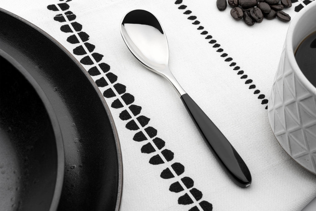 44 Piece Cutlery Set for 6 People Yin & Yang Black 44BX650BK-IGLC Grunwerg Monotone teaspoon in a restaurant setting