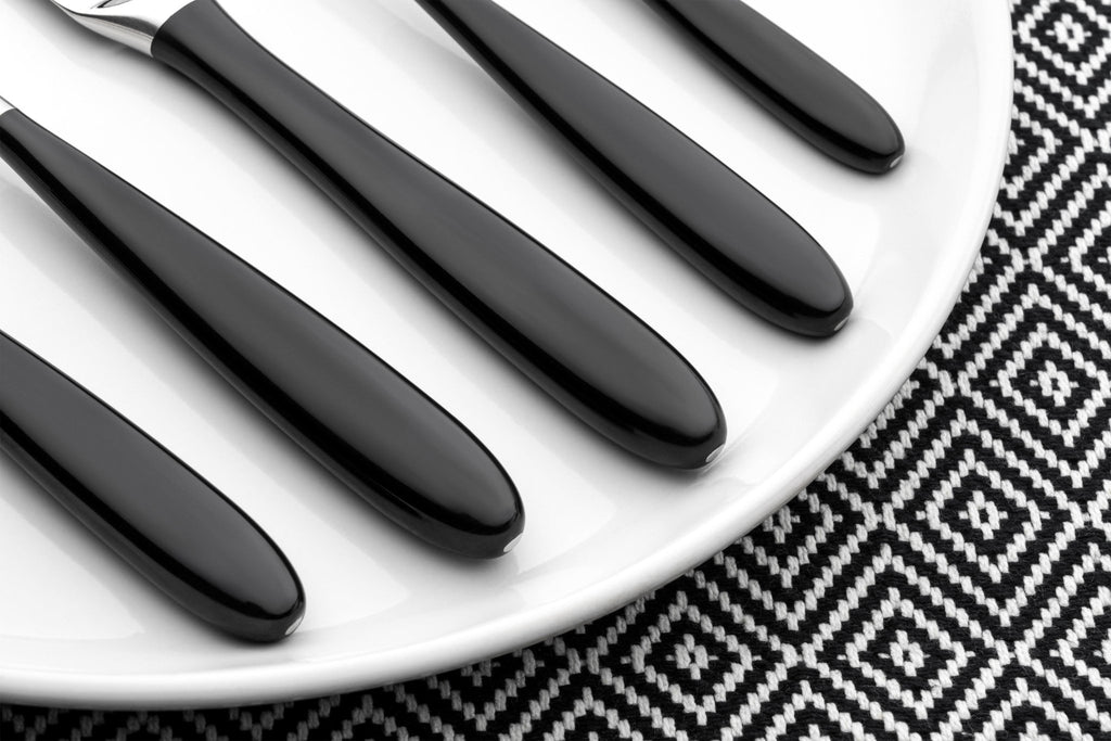 44 Piece Cutlery Set for 6 People Yin & Yang Black 44BX650BK-IGLC Grunwerg Contemporary cutlery handles on a dining plate