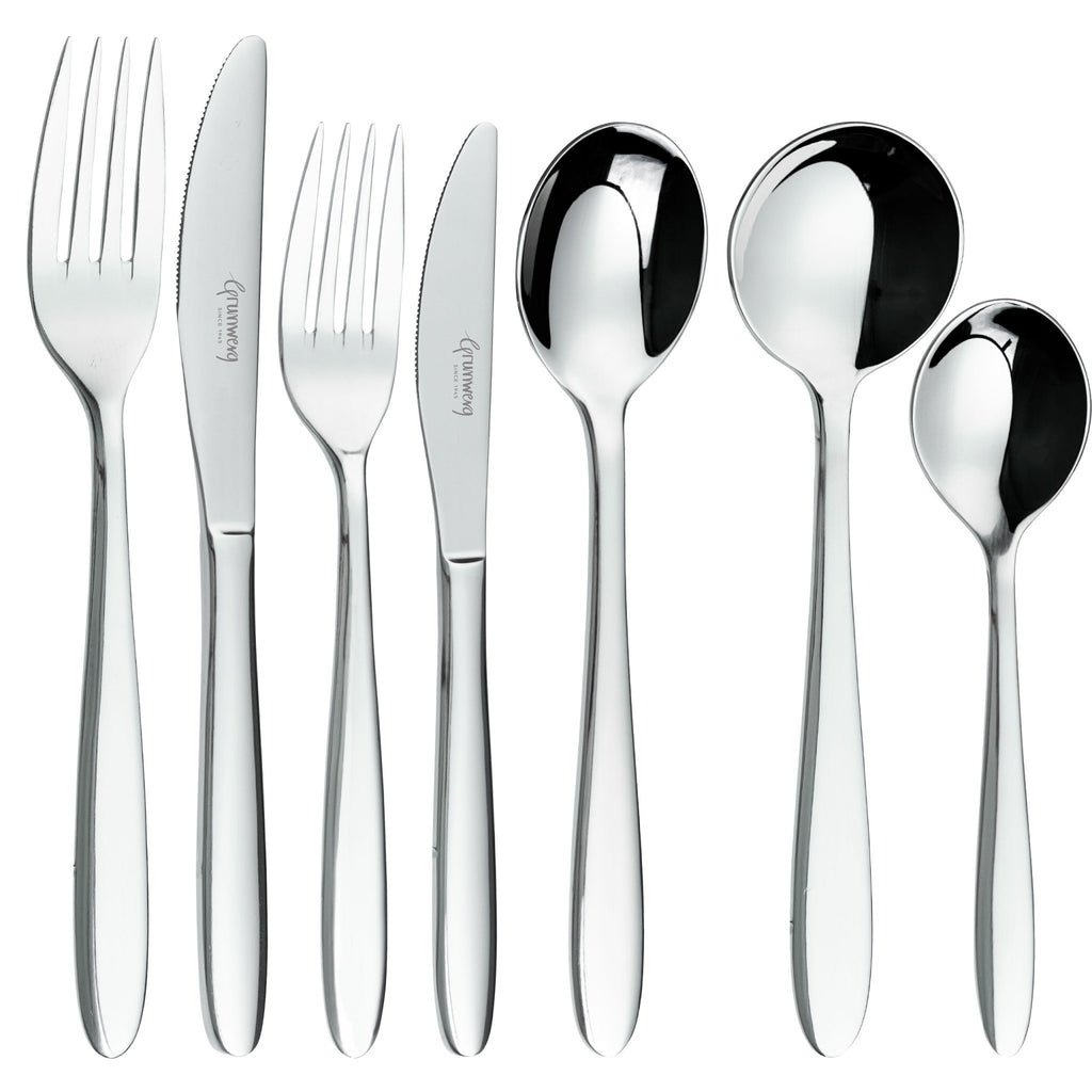 56 Piece Cutlery Set for 8 People Festival Grunwerg Luxury stainless steel cutlery set line up on a white background