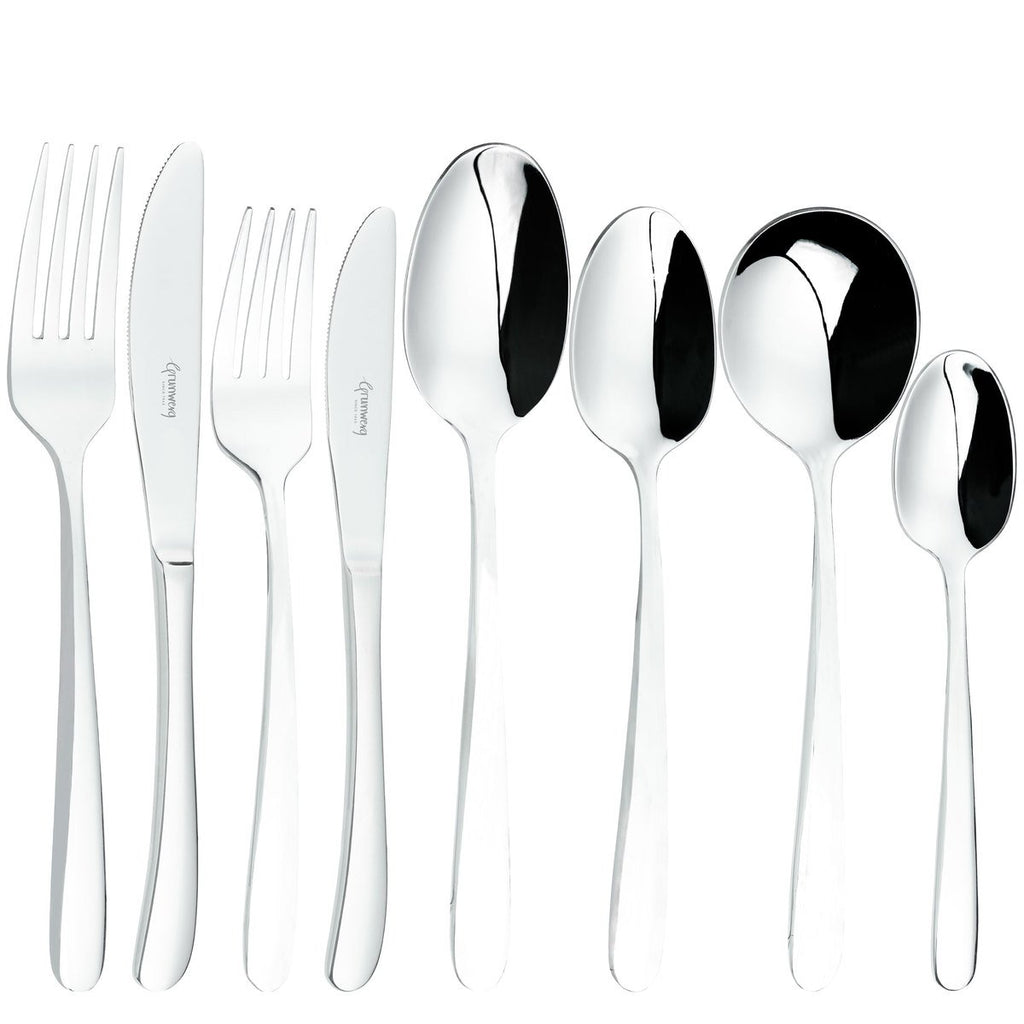 56 Piece Cutlery Set for 8 People Samba 56BXSMB-IGLC Grunwerg premium stainless steel cutlery set on a white background