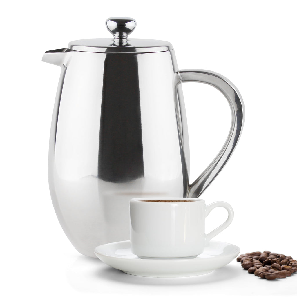 6 Cup Bellied Cafetiere Double Wall Mirror Cafe Olé BFD-06 Grunwerg Modern French press with coffee cup on a white background