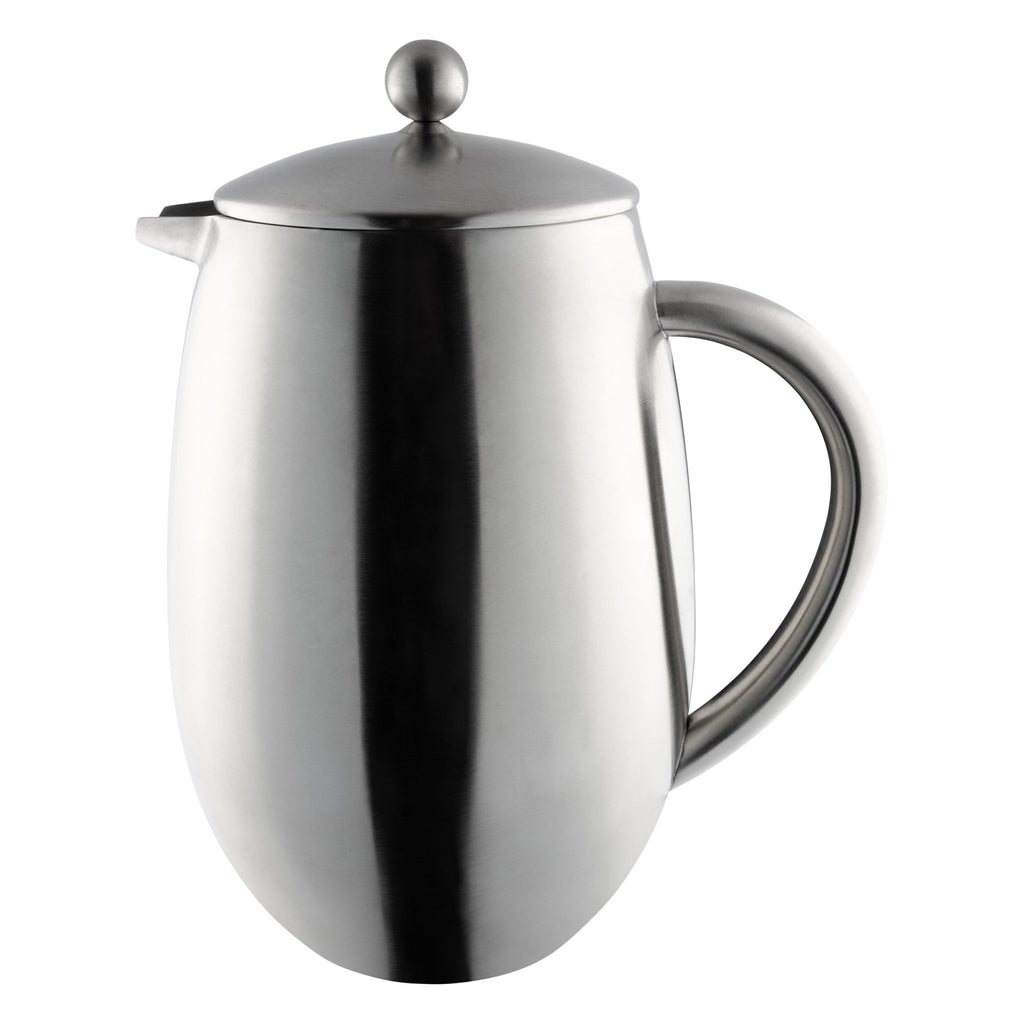6 Cup Bellied Cafetiere, Double Walled, Satin Cafe Olé BFD-06S Grunwerg - Stainless Steel coffee press on a white background