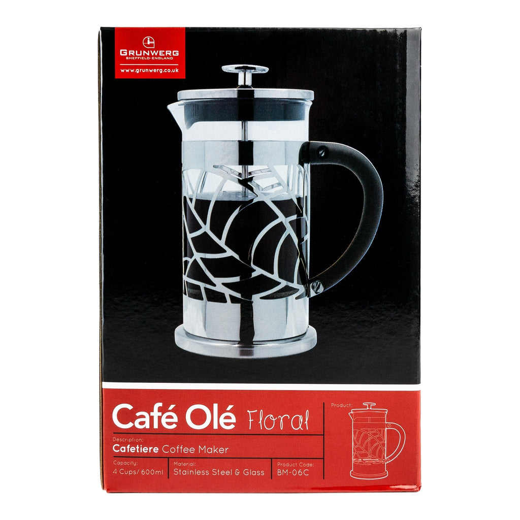 6 Cup Floral Cafetiere, Cut Out Design Cafe Olé BM-06C Grunwerg Cafetiere in packaging box