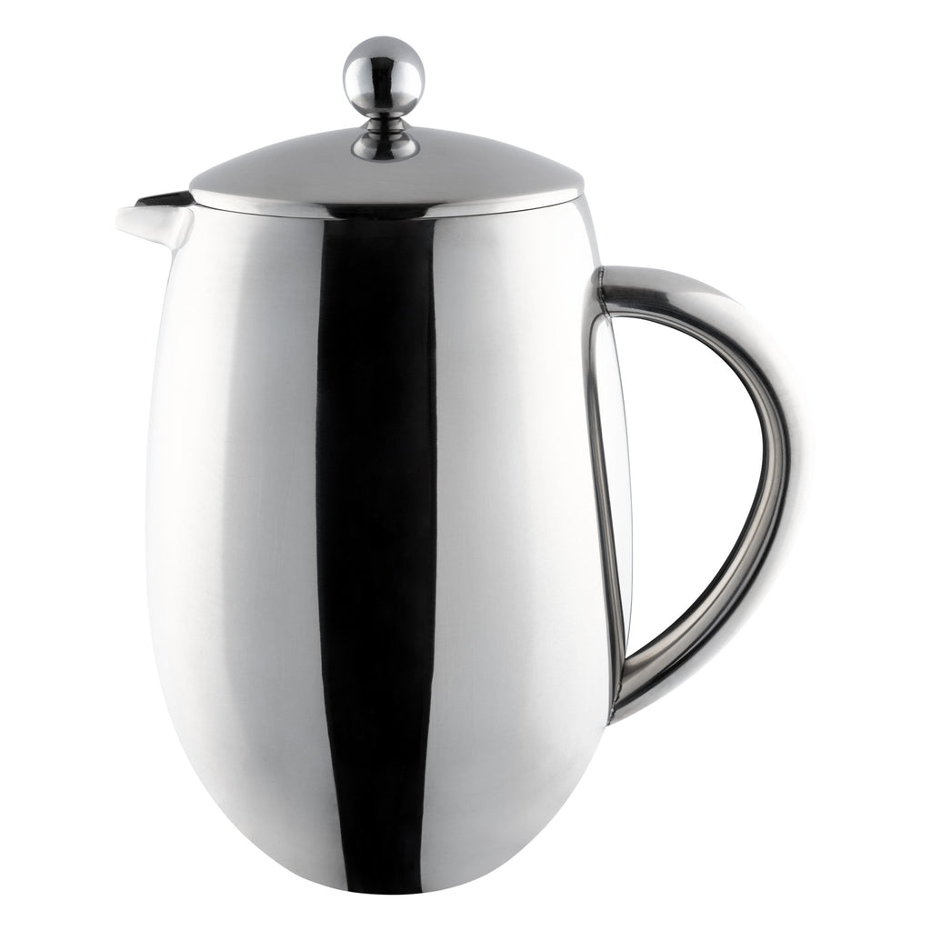 8 Cup Bellied Cafetiere, Double Wall, Mirror Cafe Olé BFD-08 Grunwerg Stainless steel french press on a white background