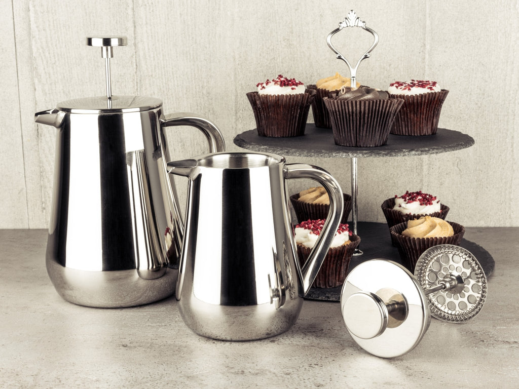 8 Cup Cafetiere, Double Wall, UDF Cafe Olé UFD-10M Grunwerg Traditional coffee press in an afternoon tea setting