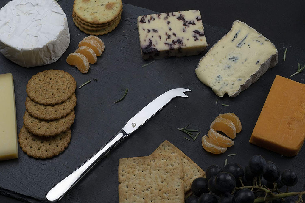 Cheese Knife Windsor CHKWSR Grunwerg Luxury Silver stainless steel cheese knife on a slate cheese board